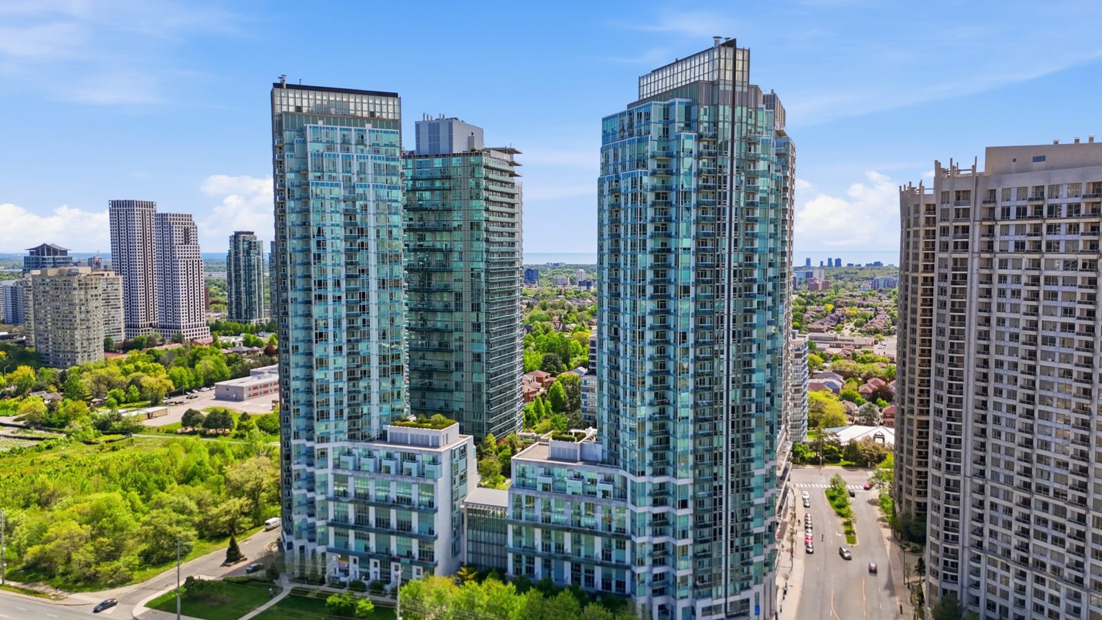 Aerial view of Toronto glass condo towers