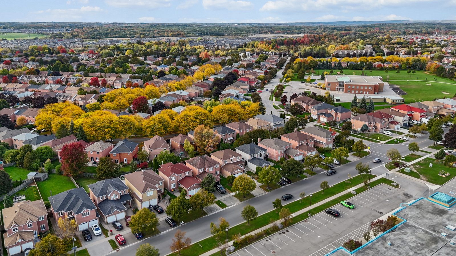 Aerial view of a Halton Hills neighbourhood in fall