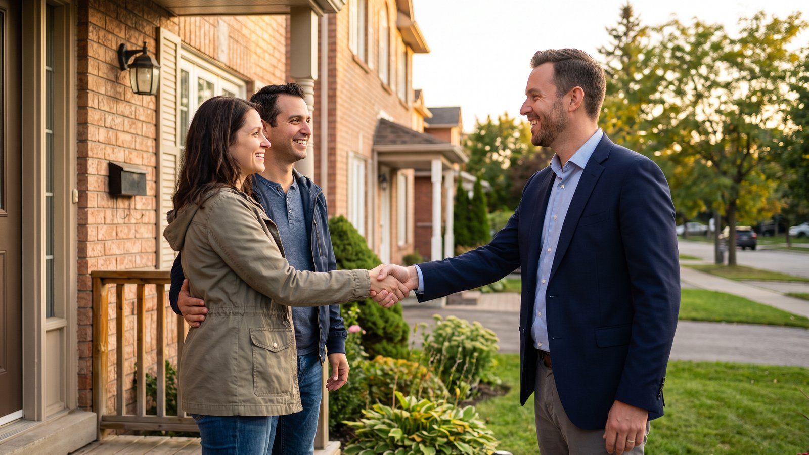 A realtor shaking hands with a couple on the front porch of a home in the GTA