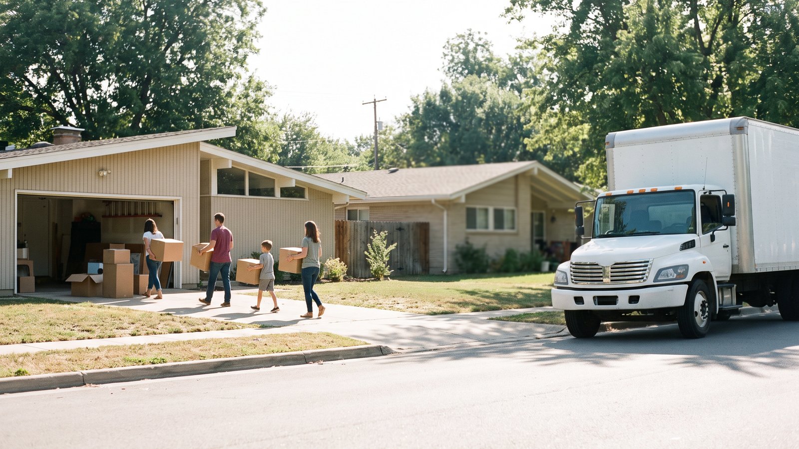 A family carrying moving boxes to a truck outside a home