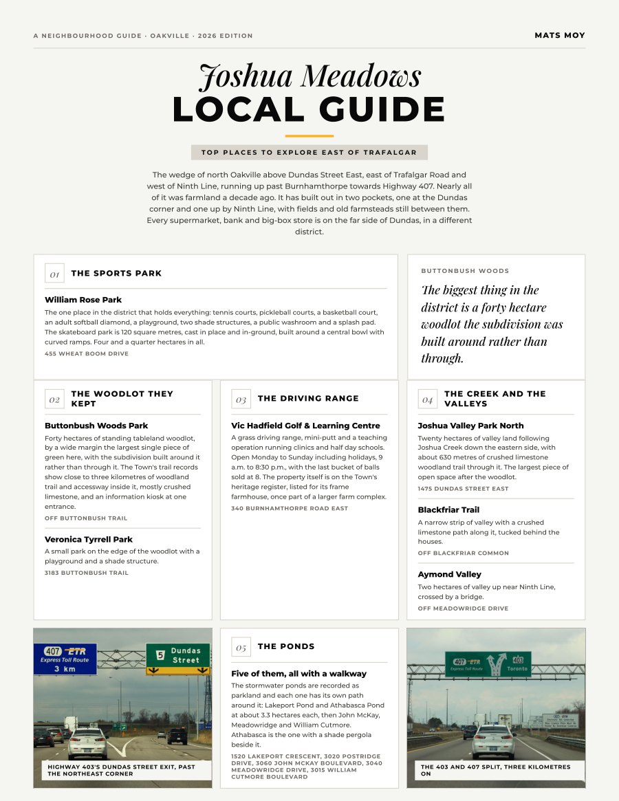 The first page of the Joshua Meadows guide, showing the title and the ten numbered local picks
