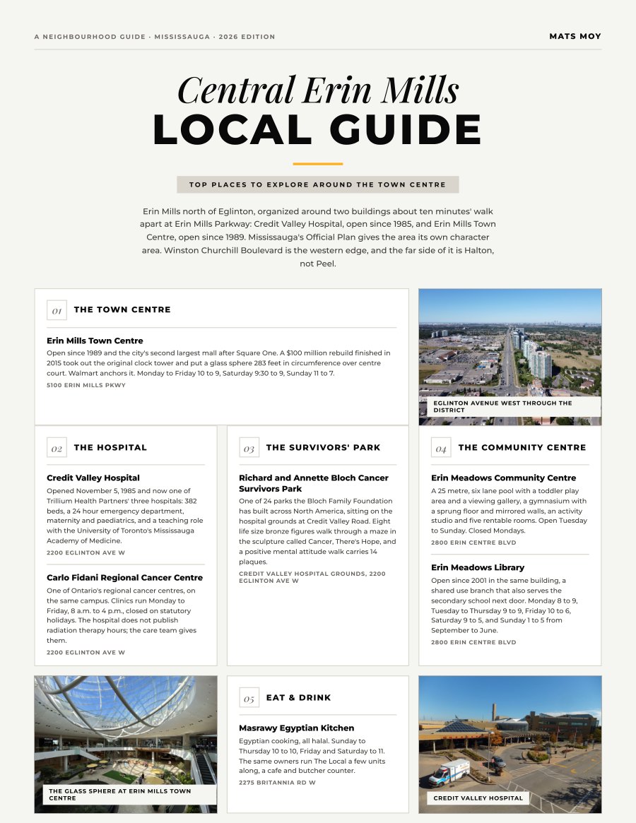 The first page of the Central Erin Mills guide, showing the title and the ten numbered local picks