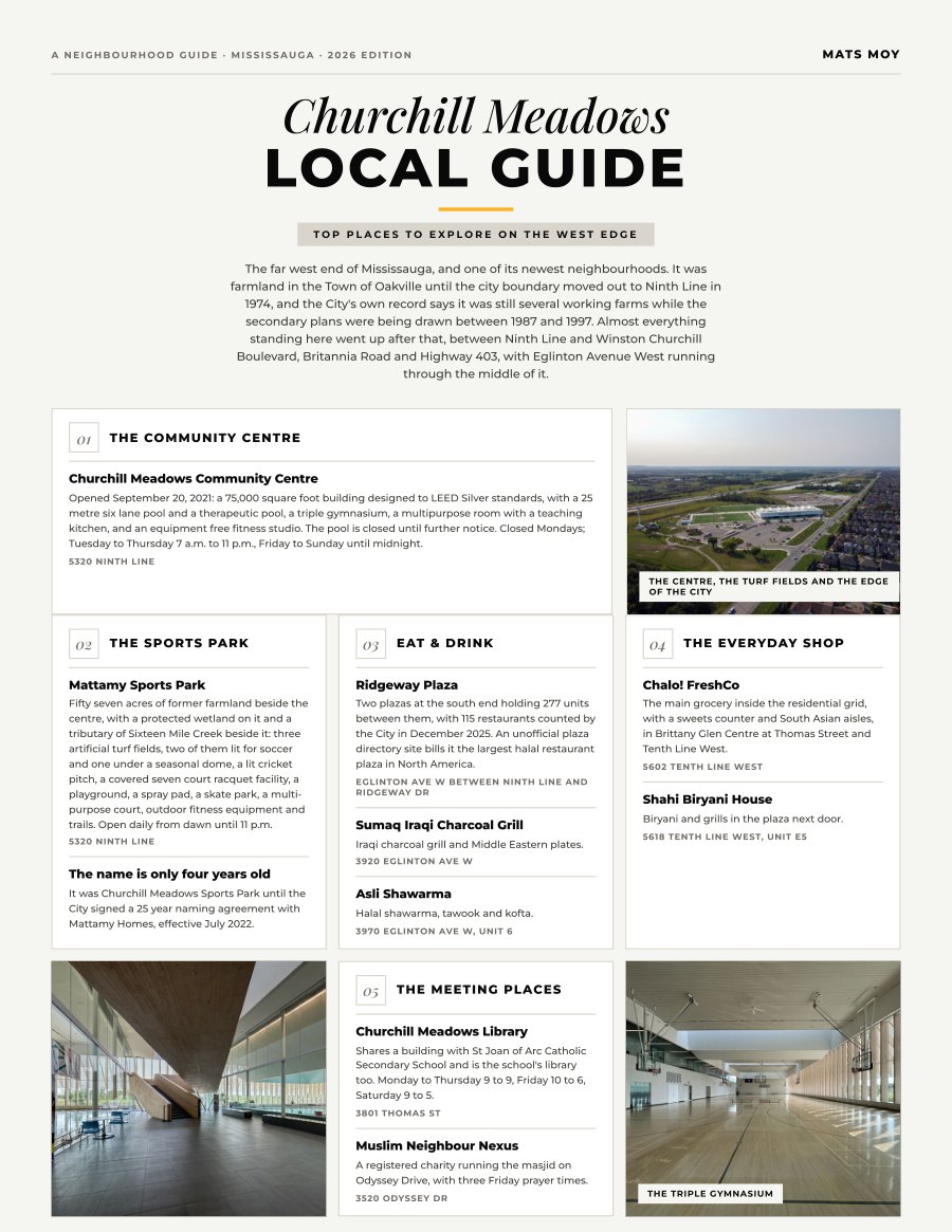 The first page of the Churchill Meadows guide, showing the title and the ten numbered local picks