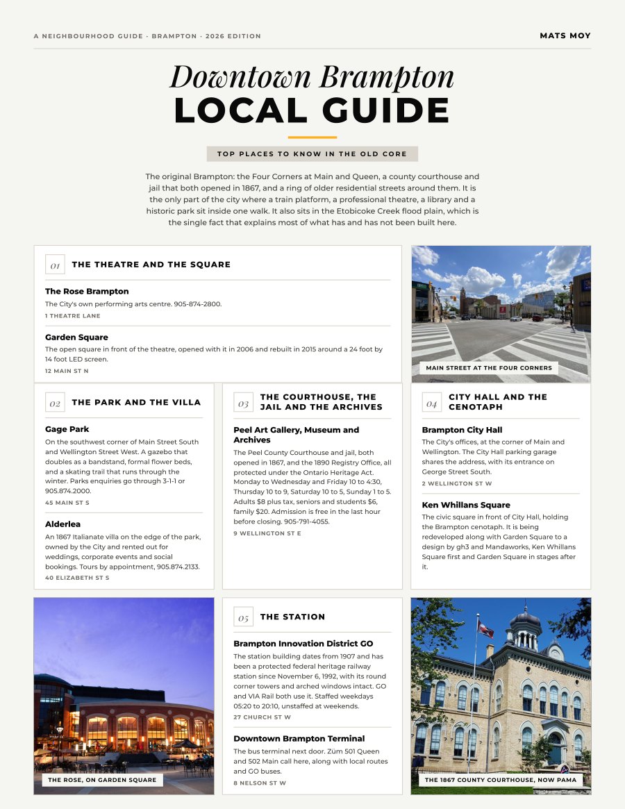 The first page of the Downtown Brampton guide, showing the title and the ten numbered local picks