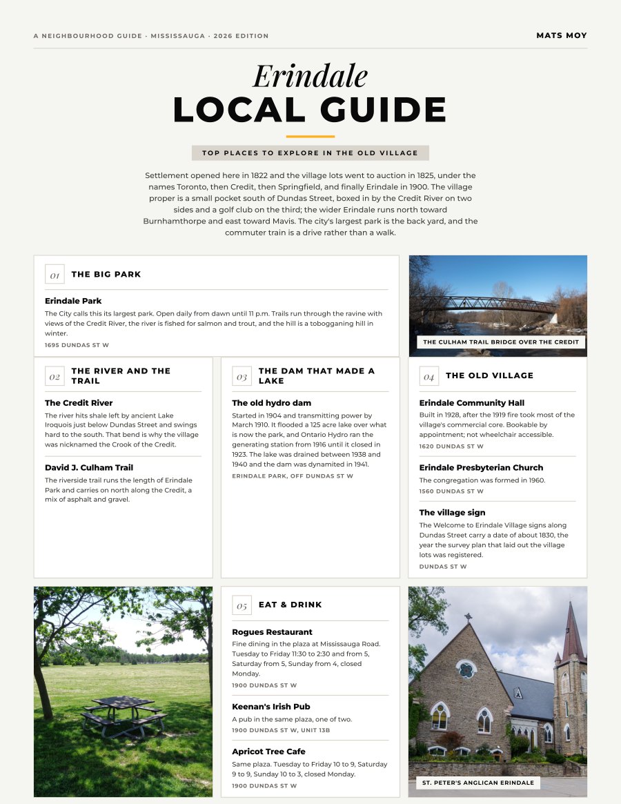 The first page of the Erindale guide, showing the title and the ten numbered local picks