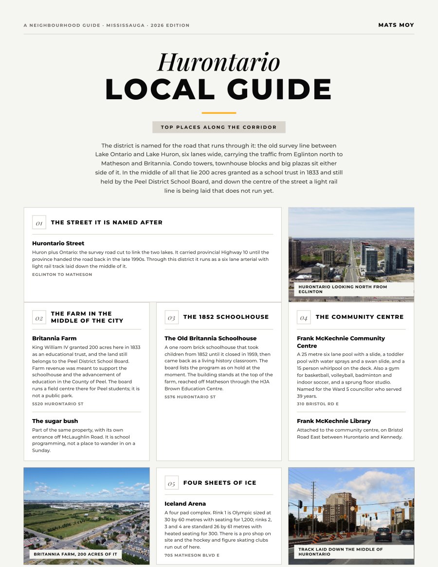 The first page of the Hurontario guide, showing the title and the ten numbered local picks