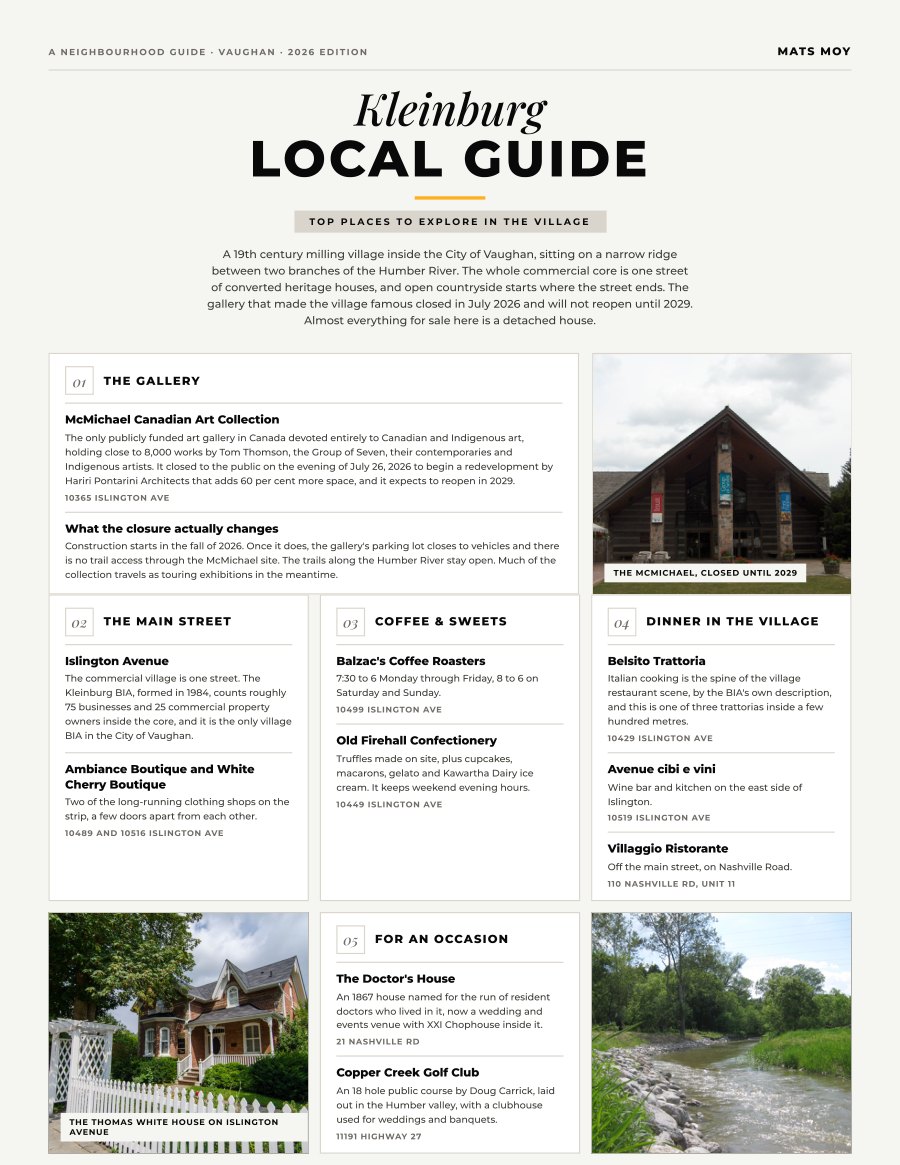 The first page of the Kleinburg guide, showing the title and the ten numbered local picks
