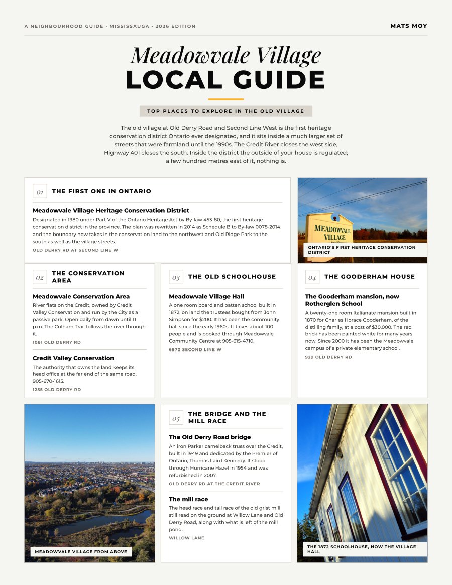 The first page of the Meadowvale Village guide, showing the title and the ten numbered local picks