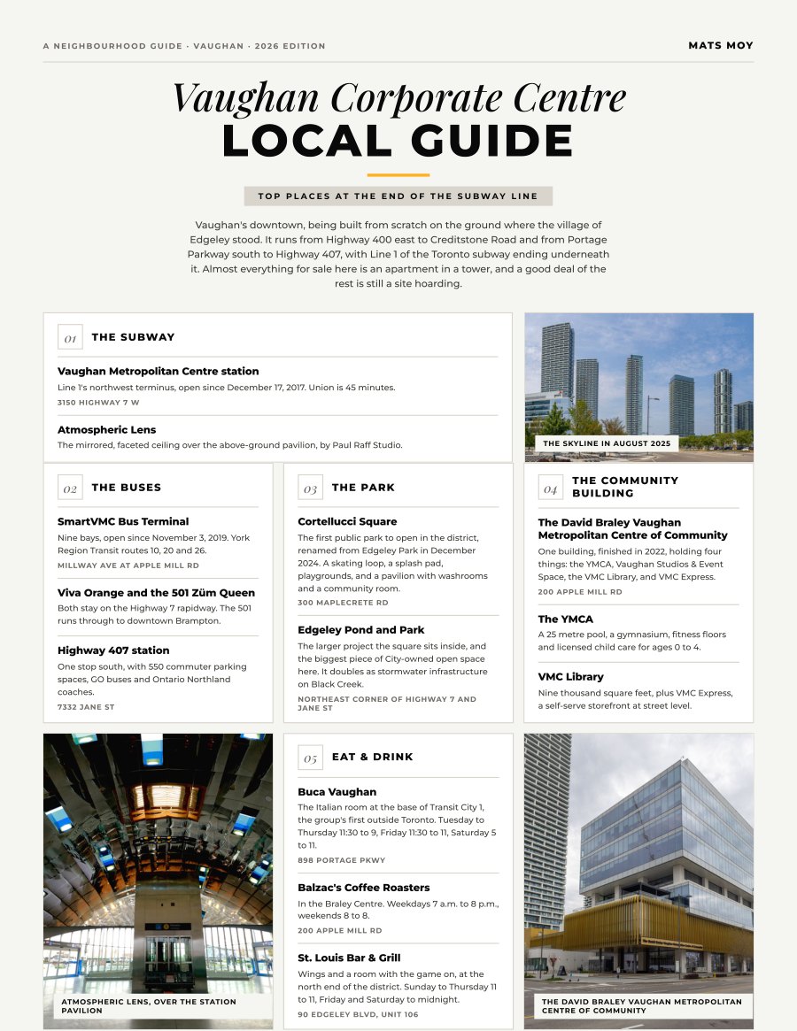 The first page of the Vaughan Corporate Centre guide, showing the title and the ten numbered local picks
