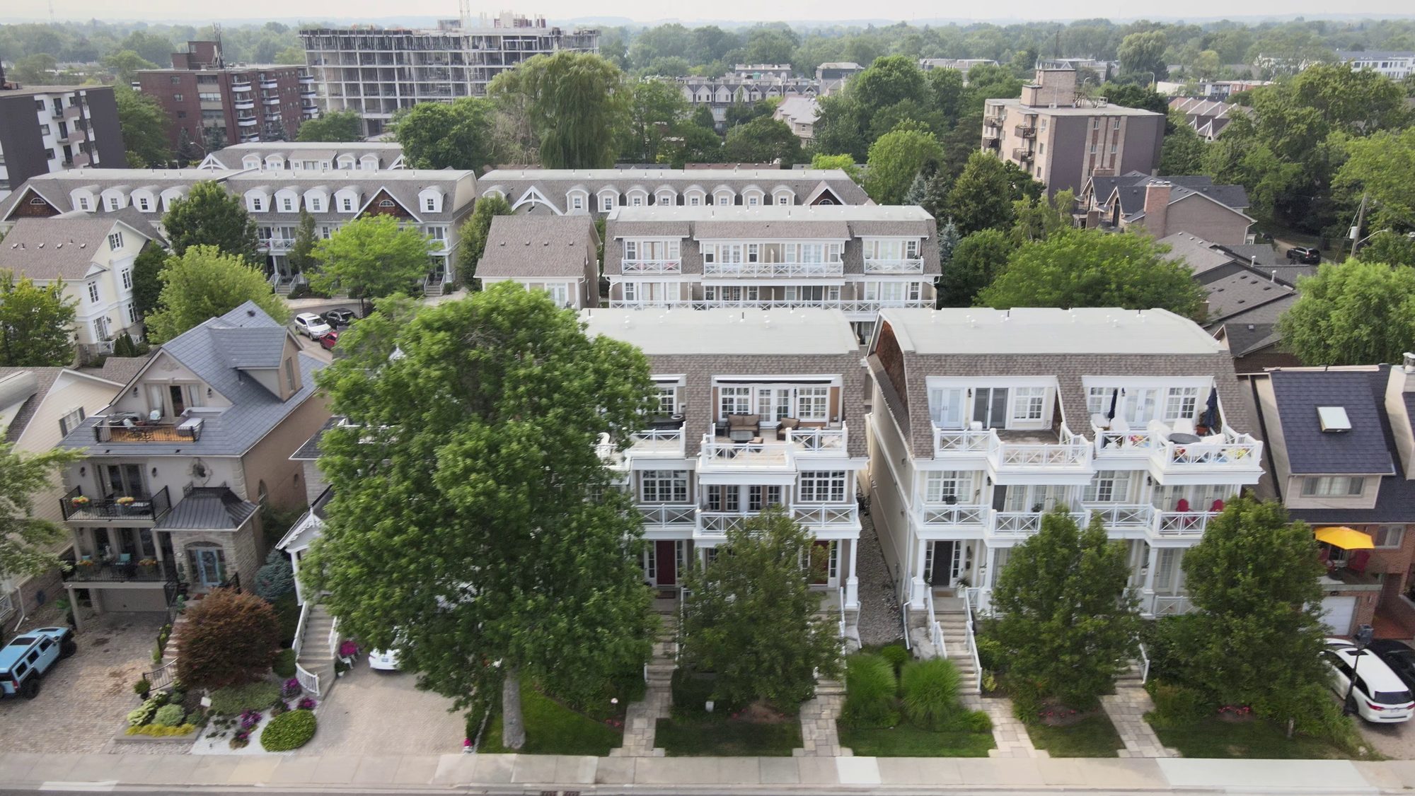 Rows of houses and mature canopy seen from above