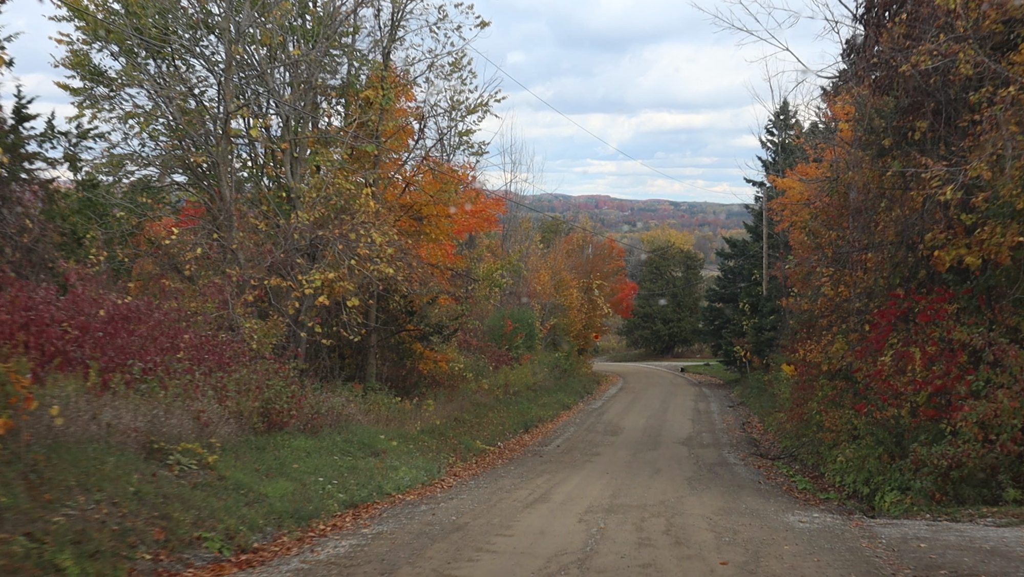 A gravel side road dropping away between autumn trees